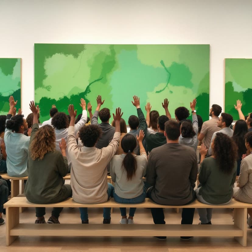 People sitting on a bench looking at green art